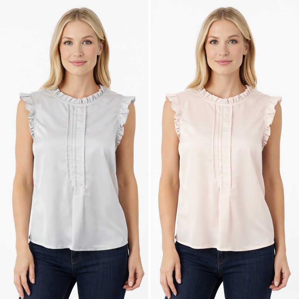 llegra K Ruffle Sleeve Blouse Set Size M Gray & Cream Sleeveless Work Top